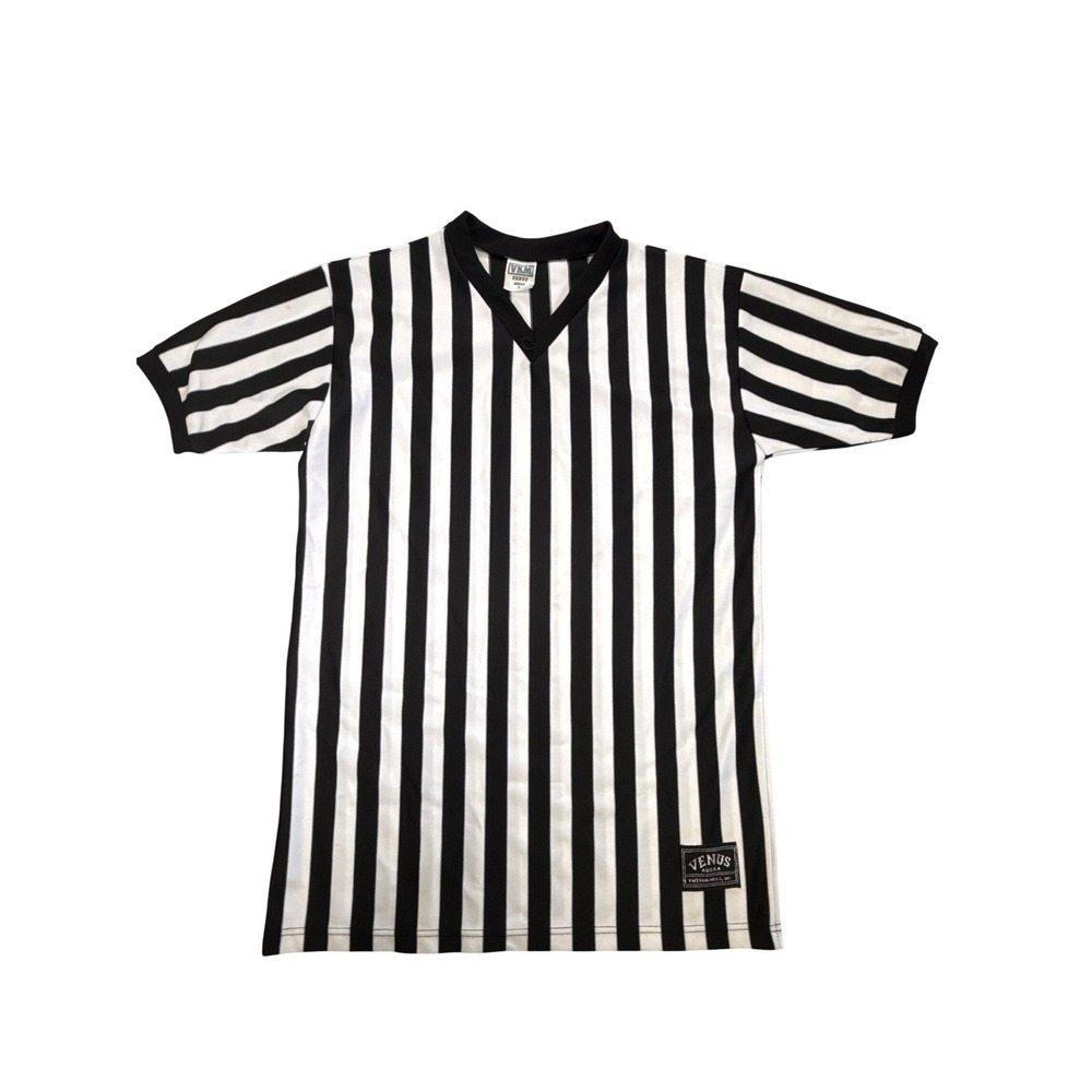 Venus Knitting Mills VKM Referee Jersey Mens Large Black White Striped V-Neck‎